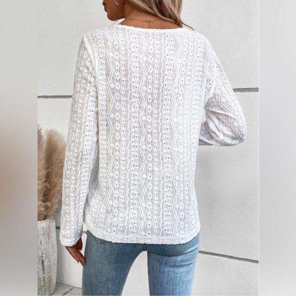 White Eyelet Embroidery Half Button Front Tee - Picture 2 of 7